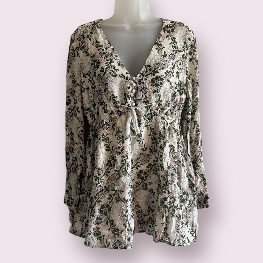 Free People Floral Boho Plunge Blouse White Pink Green Size S - Picture 3 of 6